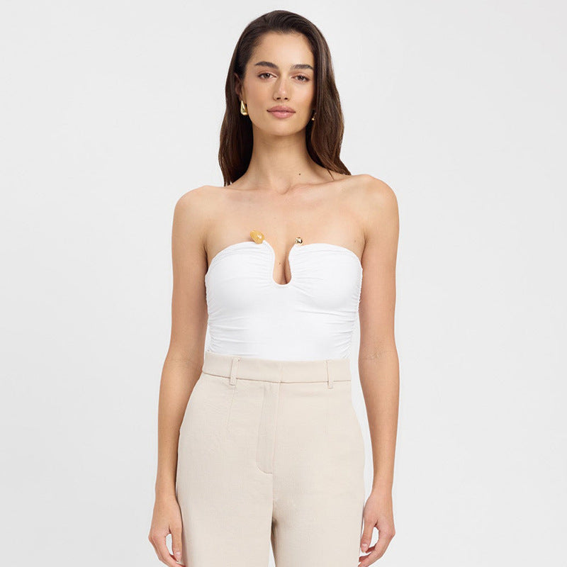Metal-Detail Strapless Crop Top