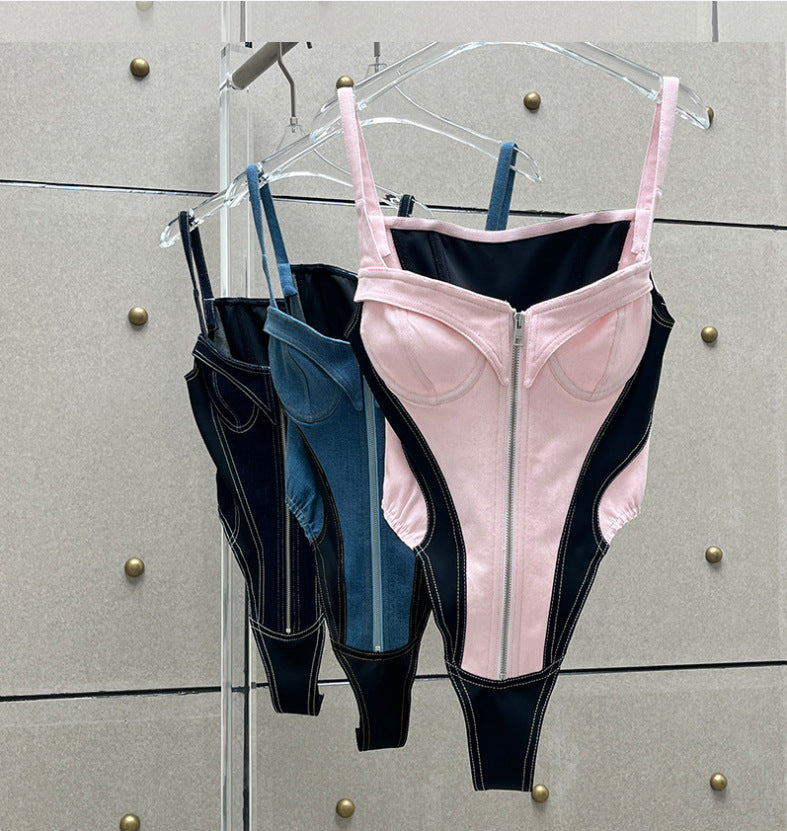 Contrast-Panel V-Neck Bodysuit