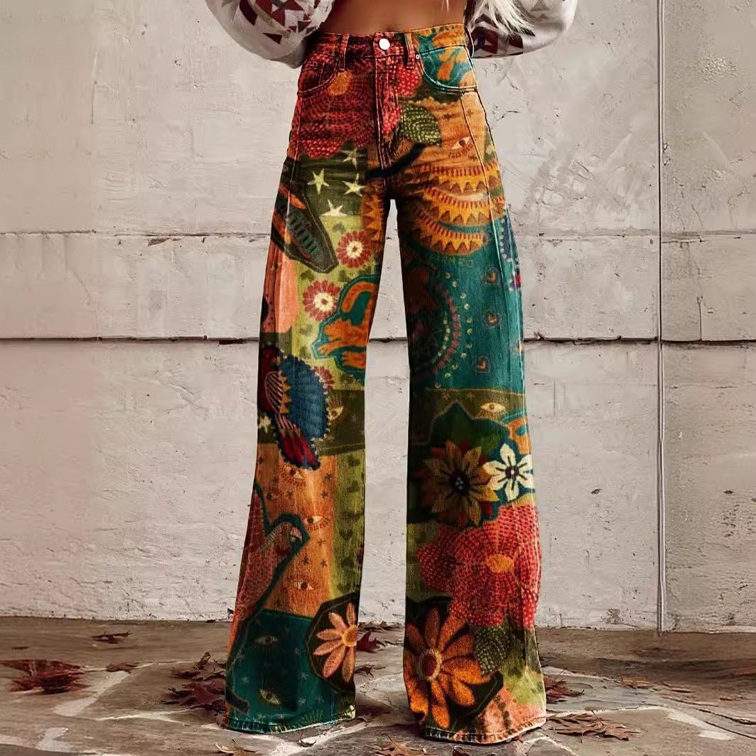 Printed Denim-Look Wide-Leg Pants