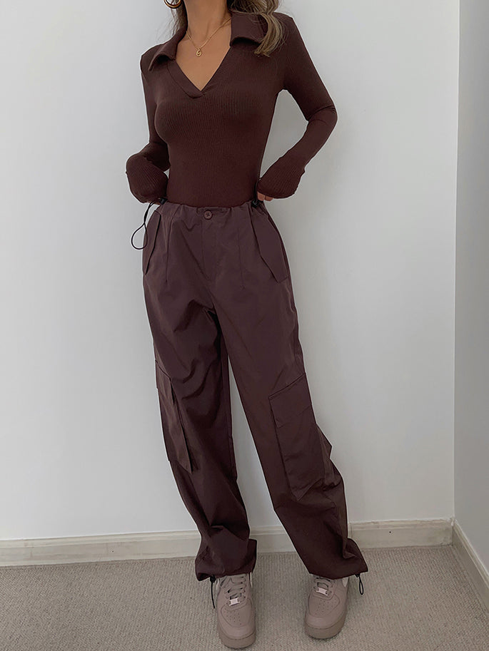 Wide-Leg Drawstring Cargo Pants