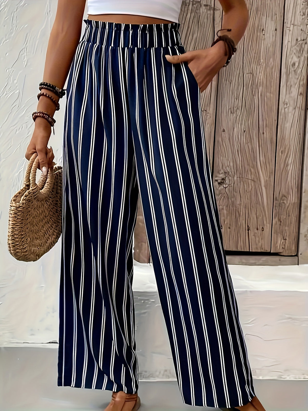 Striped Wide-Leg Pull-On Pants