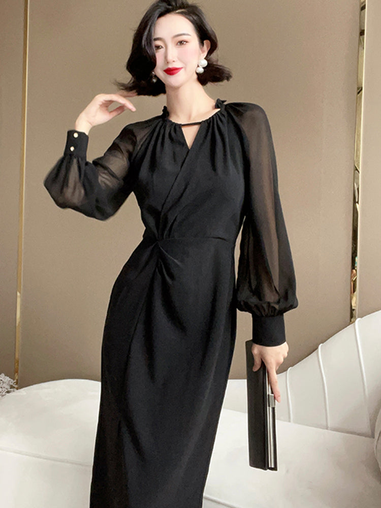 Sheer-Sleeve Twist-Waist Dress
