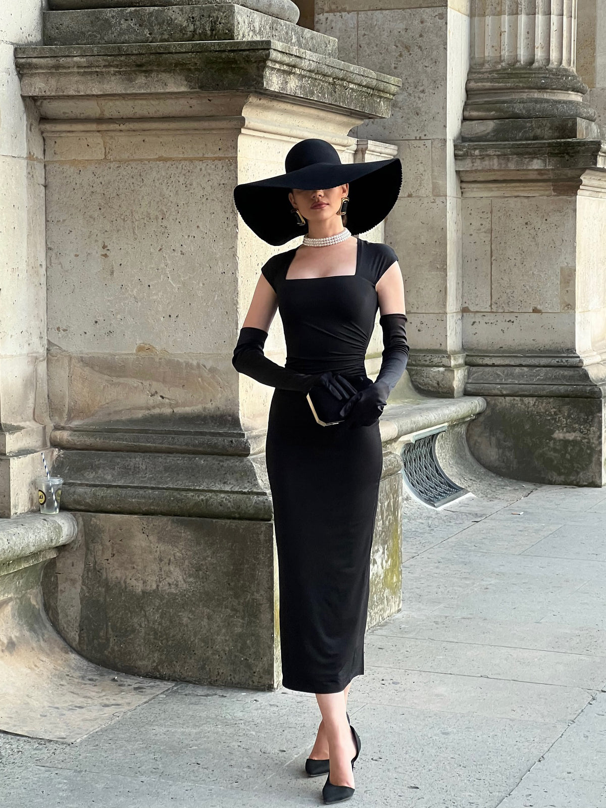 Square-Neck Dress & Gloves