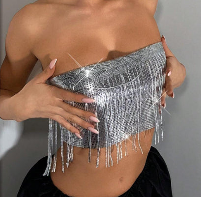Metallic-Effect Fringe Tube Top
