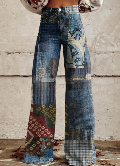 Printed Denim-Look Wide-Leg Pants