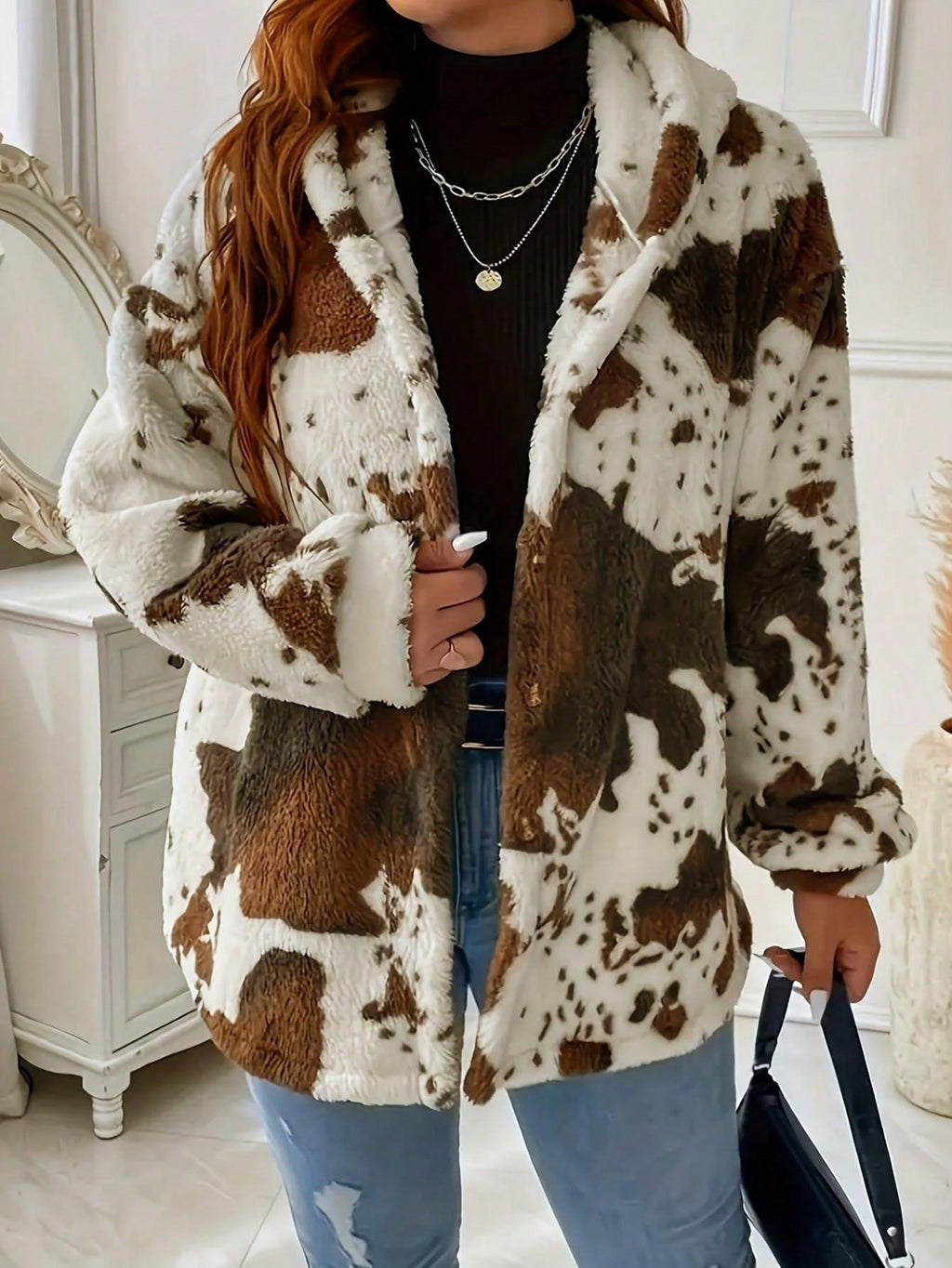 Cow-Print Plush Button Jacket