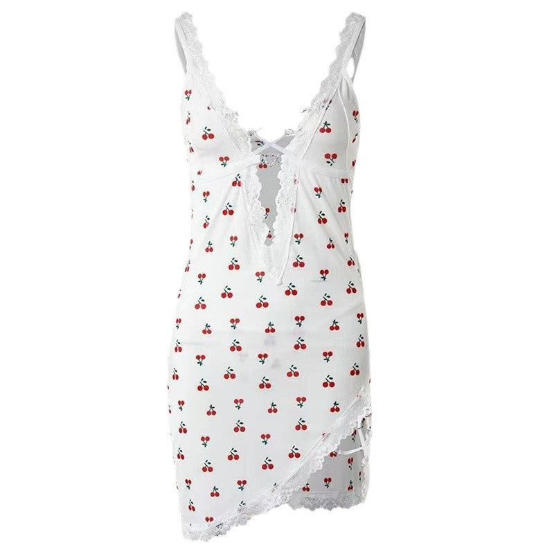 Cherry-Print Lace-Trim Nightdress