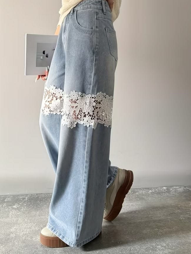 Lace-Insert Wide-Leg Jeans