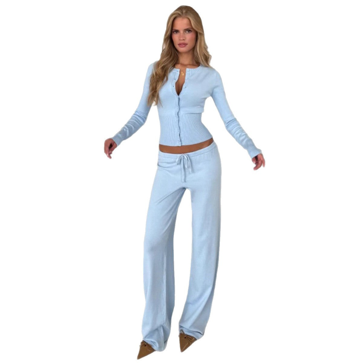 Button-Front Knit Top & Pants Set