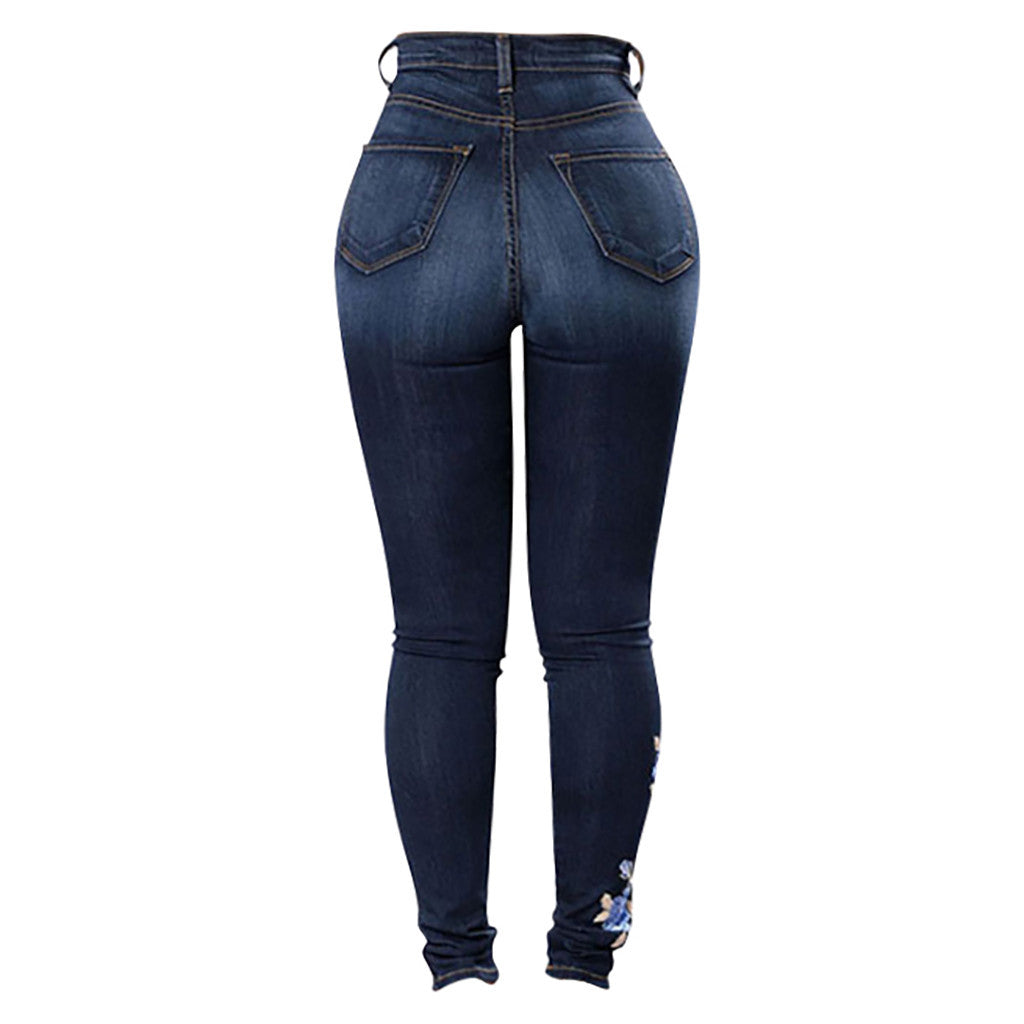 Floral-Embroidered Skinny Jeans