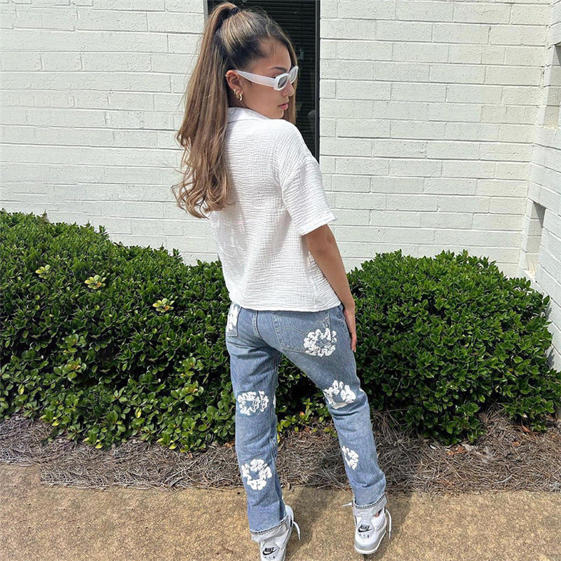 Floral-Print Straight-Leg Jeans