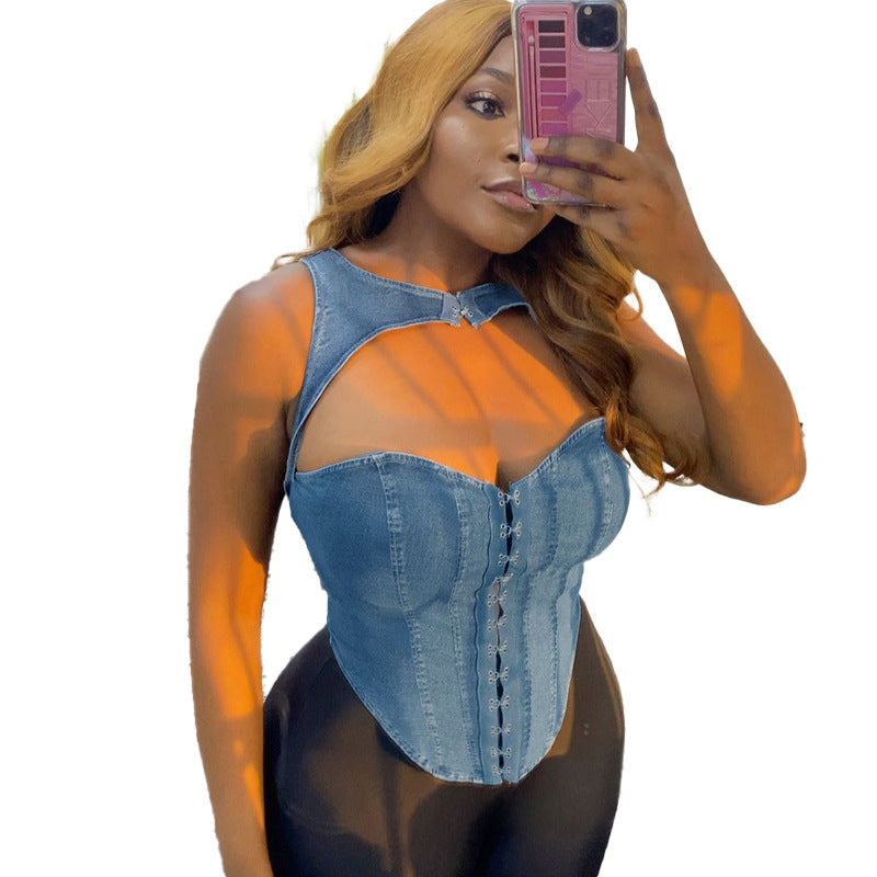 Denim-Look Cutout Corset Top