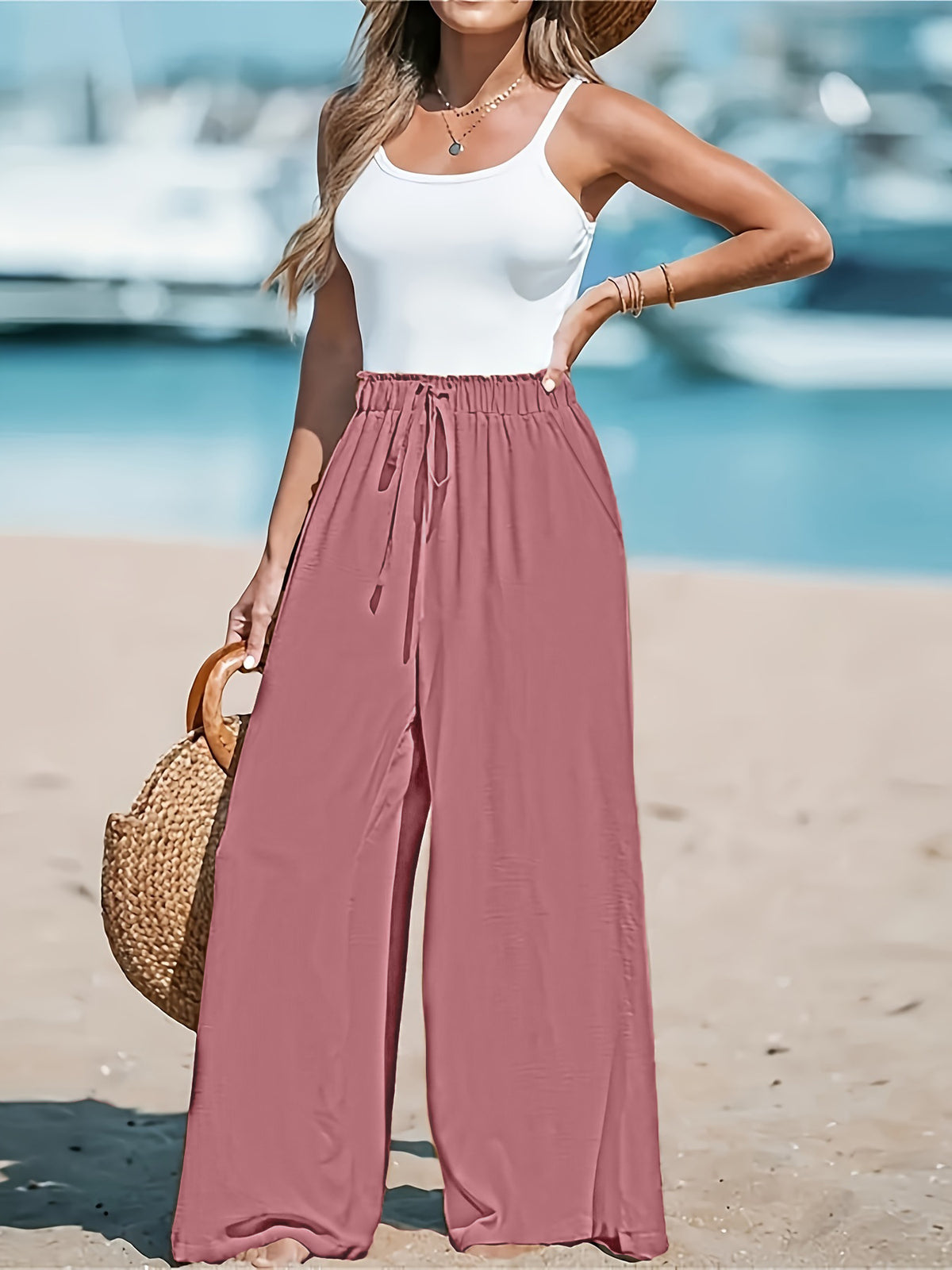 Drawstring-Look Wide-Leg Pants
