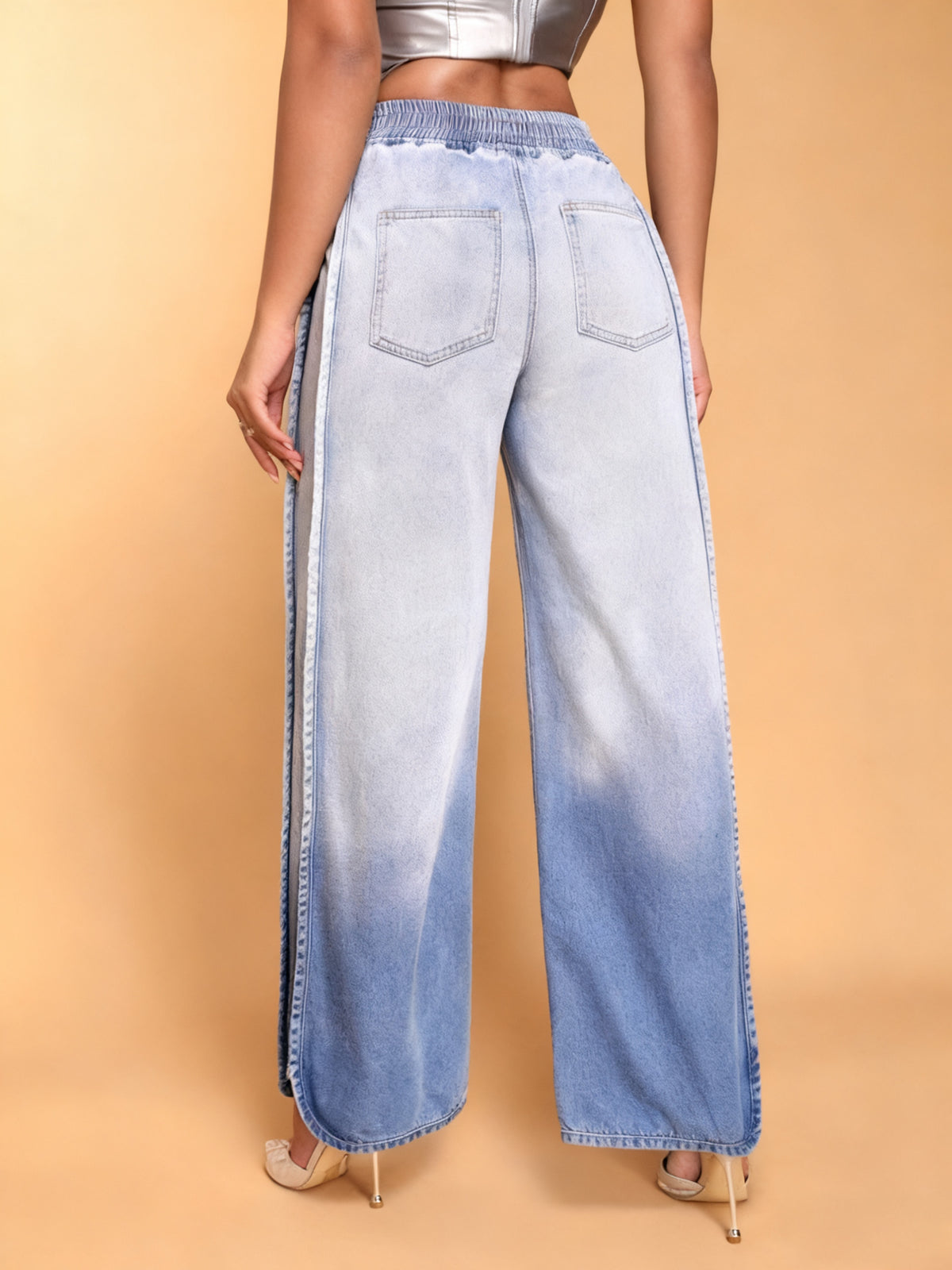 Ombre Elastic-Waist Wide-Leg Jeans
