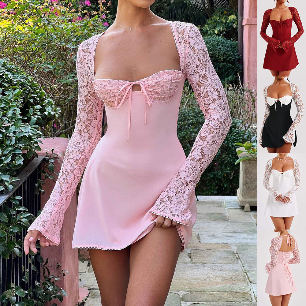 Lace-Up Back Lace Mini Dress