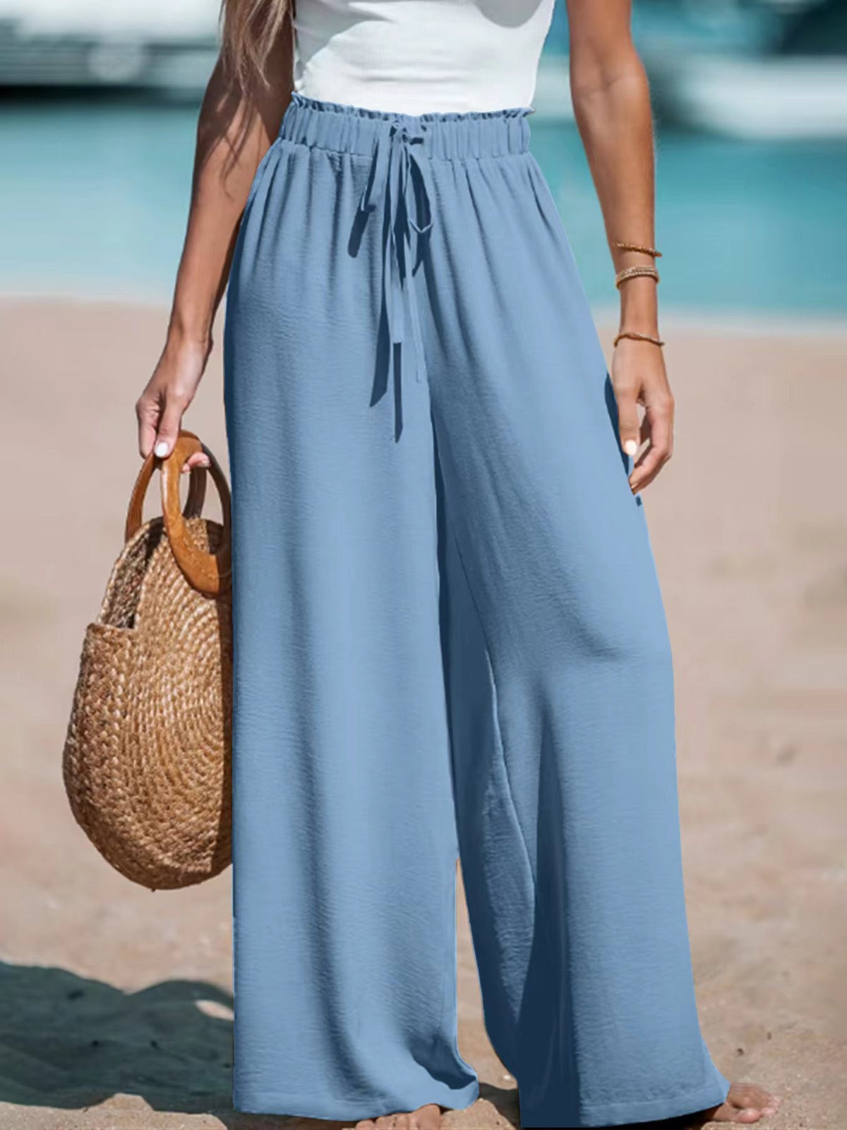 Drawstring-Look Wide-Leg Pants