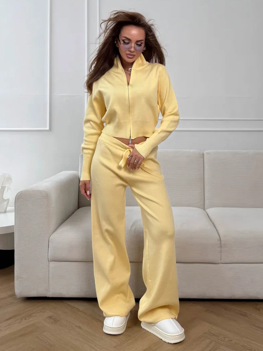 Zip-Front Knit Top & Pants Set
