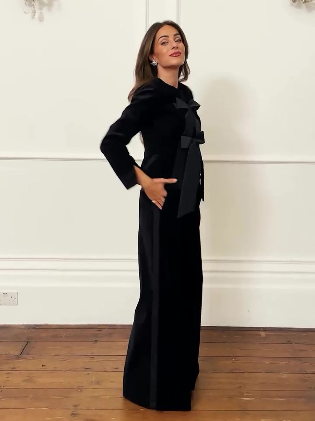 Velvet Bow Jacket & Wide-Leg Pants Set