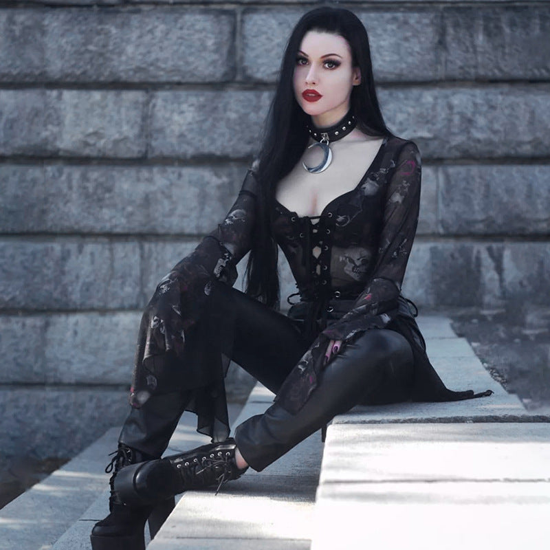 Sheer Bell-Sleeve Lace-Up Bodysuit