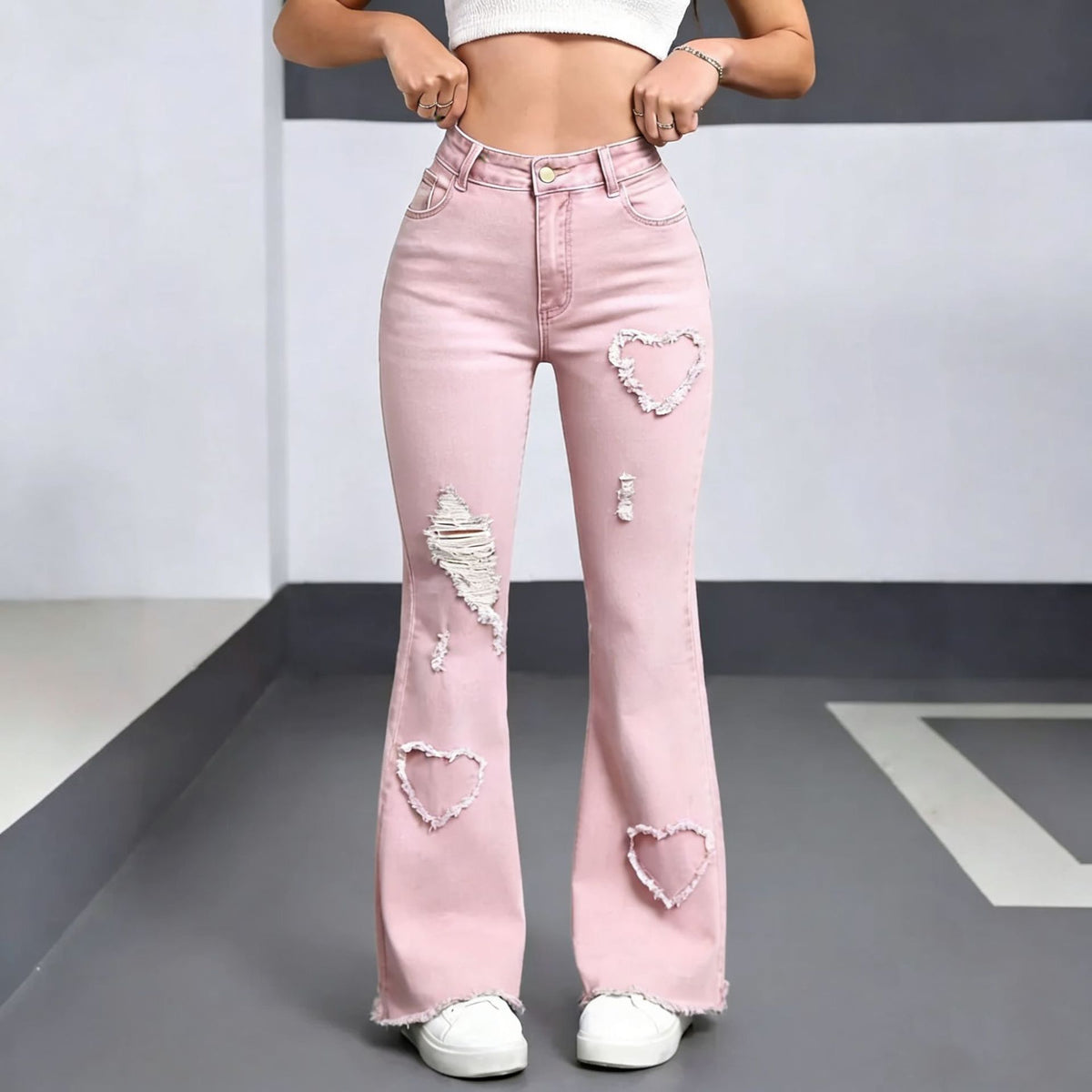Heart-Distressed Flared Jeans