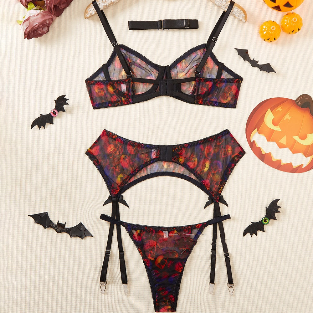 Halloween-Print Mesh Lingerie Set