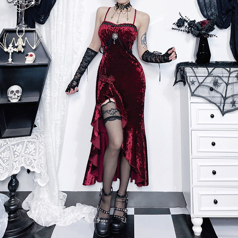 Gothic Lace-Trim Slit Maxi Dress