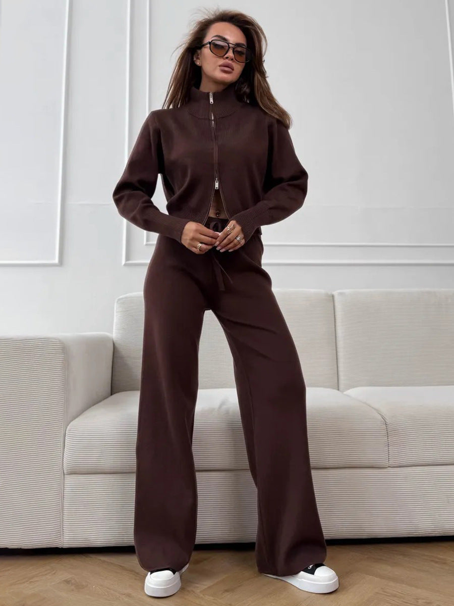 Zip-Front Knit Top & Pants Set