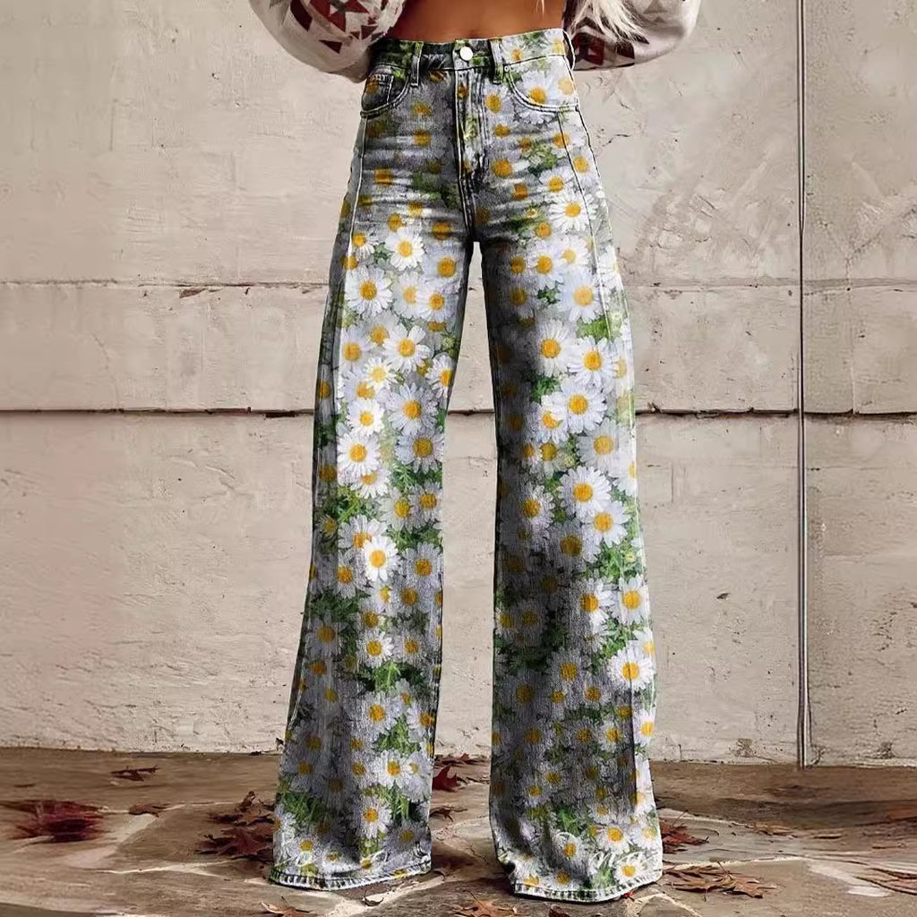Printed Denim-Look Wide-Leg Pants