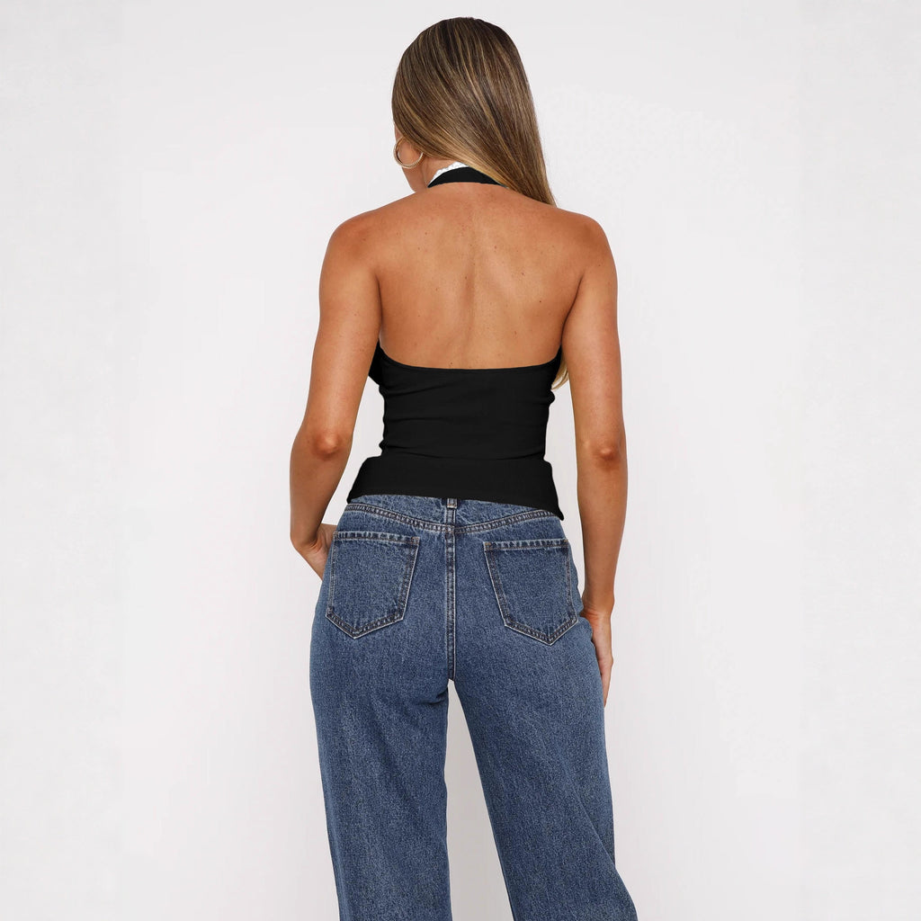 Lace-Trim Tie-Front Halter Top