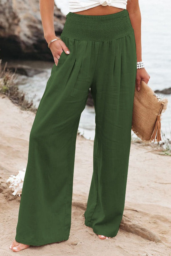 Smocked-Waist Wide-Leg Pants
