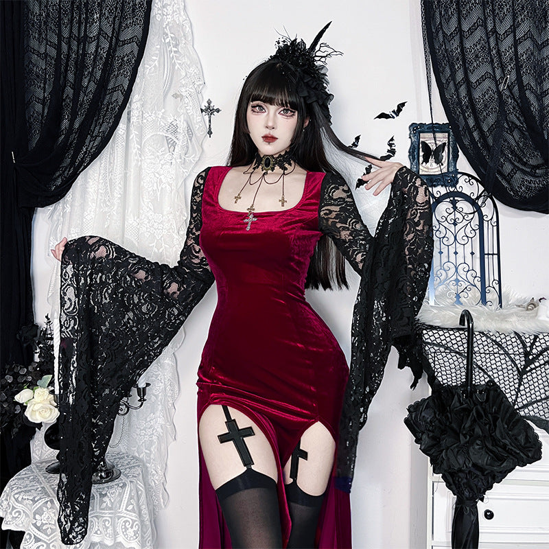 Lace-Sleeve High-Slit Maxi Dress