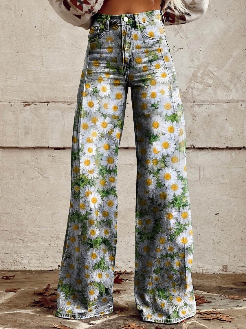 Printed Denim-Look Wide-Leg Pants