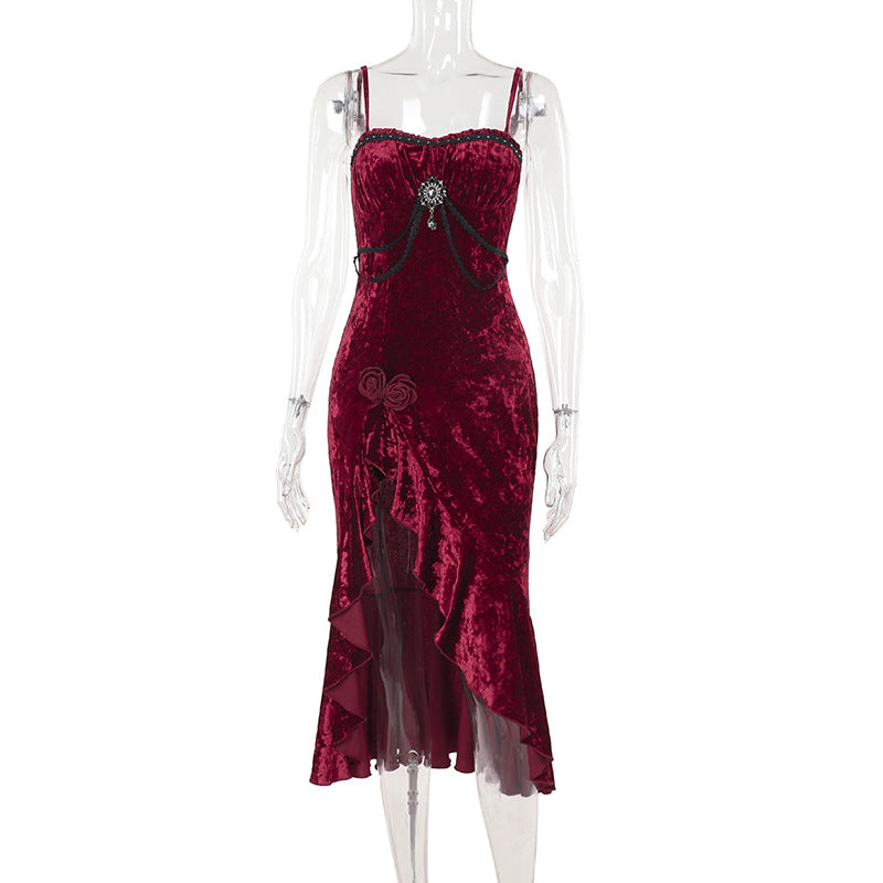 Gothic Lace-Trim Slit Maxi Dress