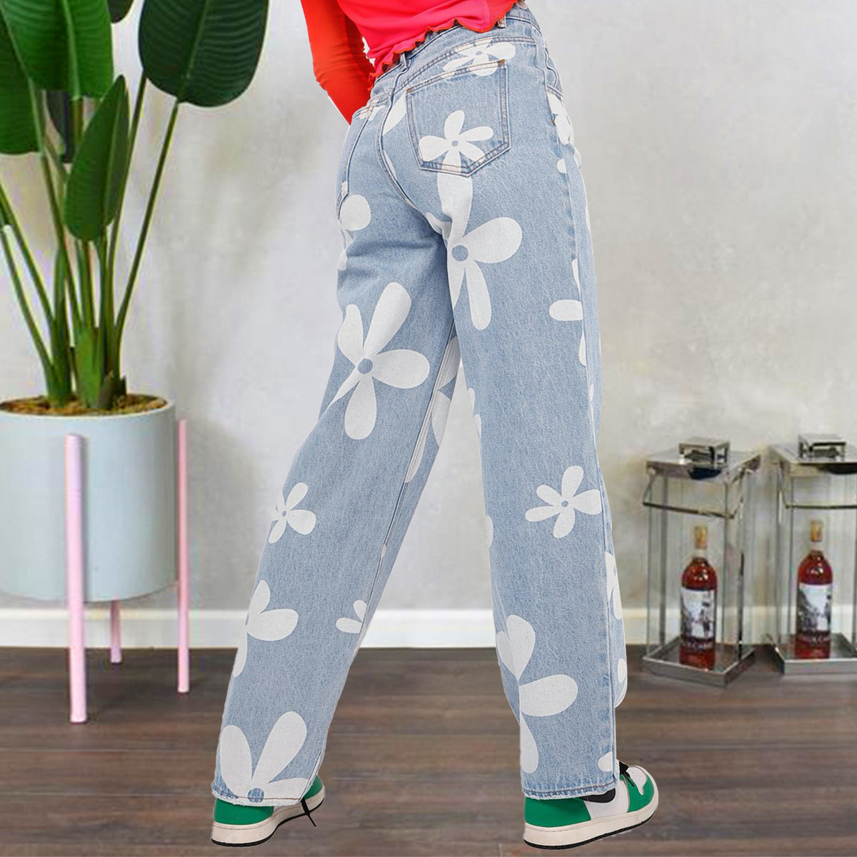 Floral-Print Straight-Leg Jeans
