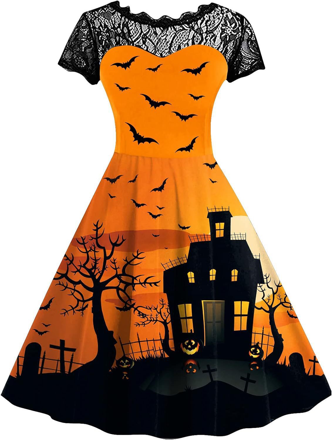 Halloween-Print Lace-Yoke Dress