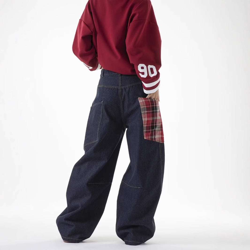 Plaid-Patchwork Straight Jeans