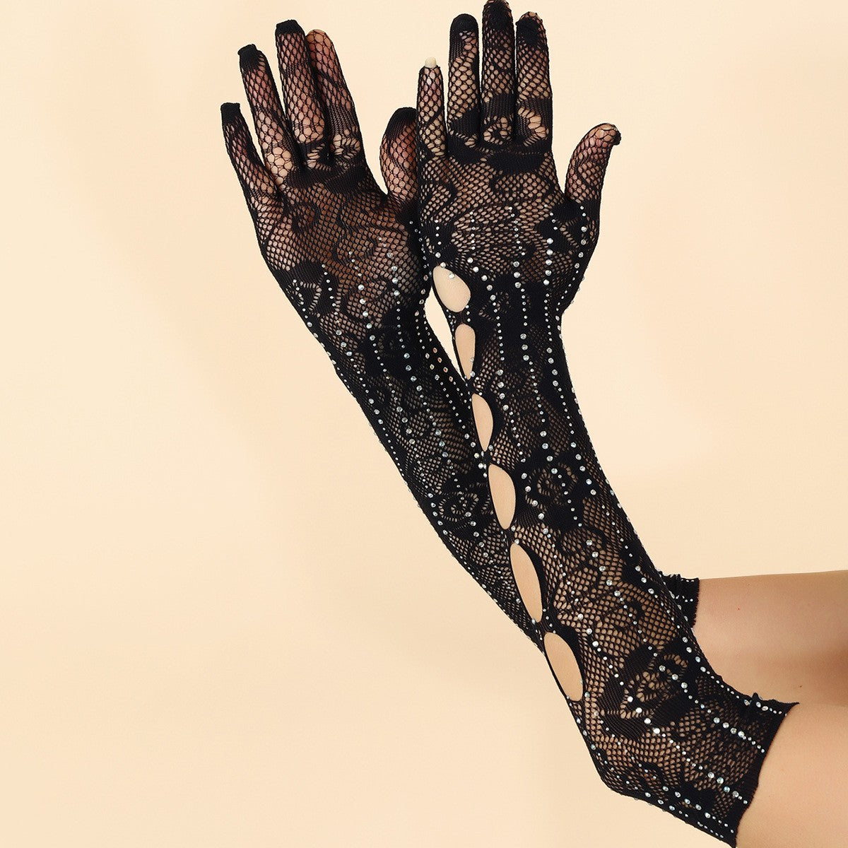 Cutout Floral-Mesh Long Gloves