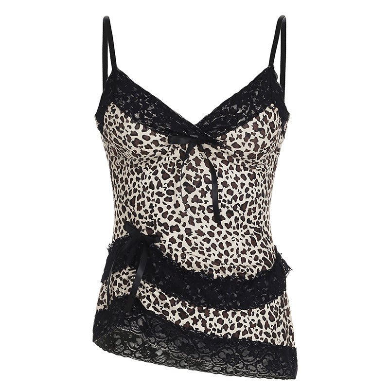 Leopard-Print Lace-Trim Asymmetric Top