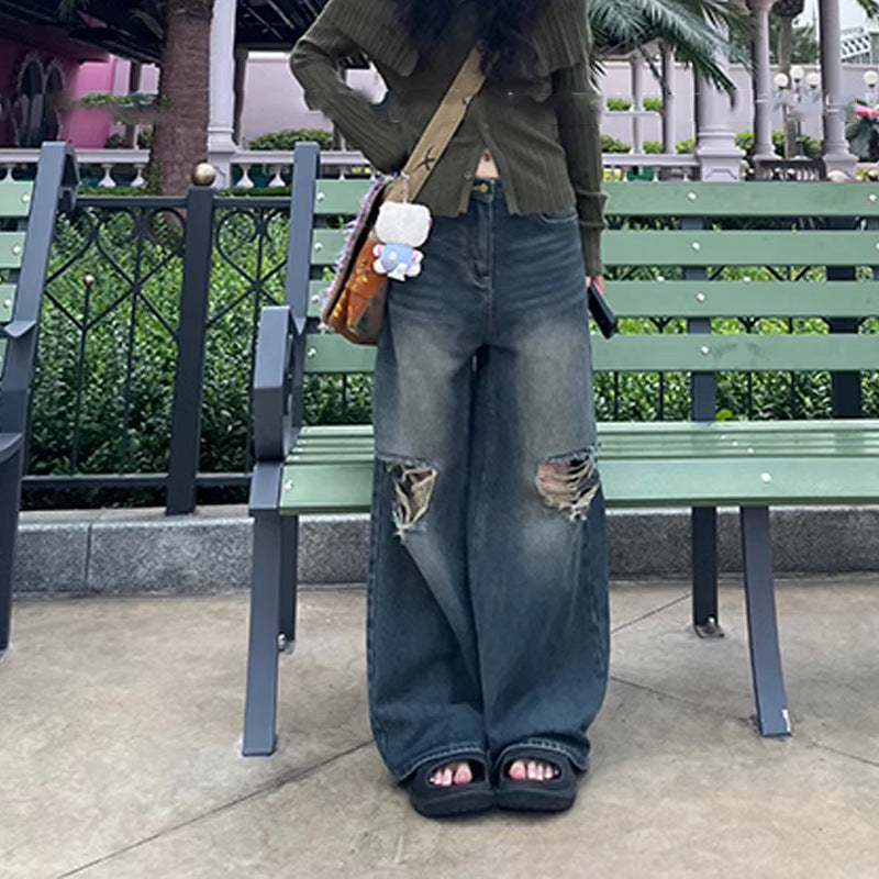 Washed Distressed Straight-Leg Jeans