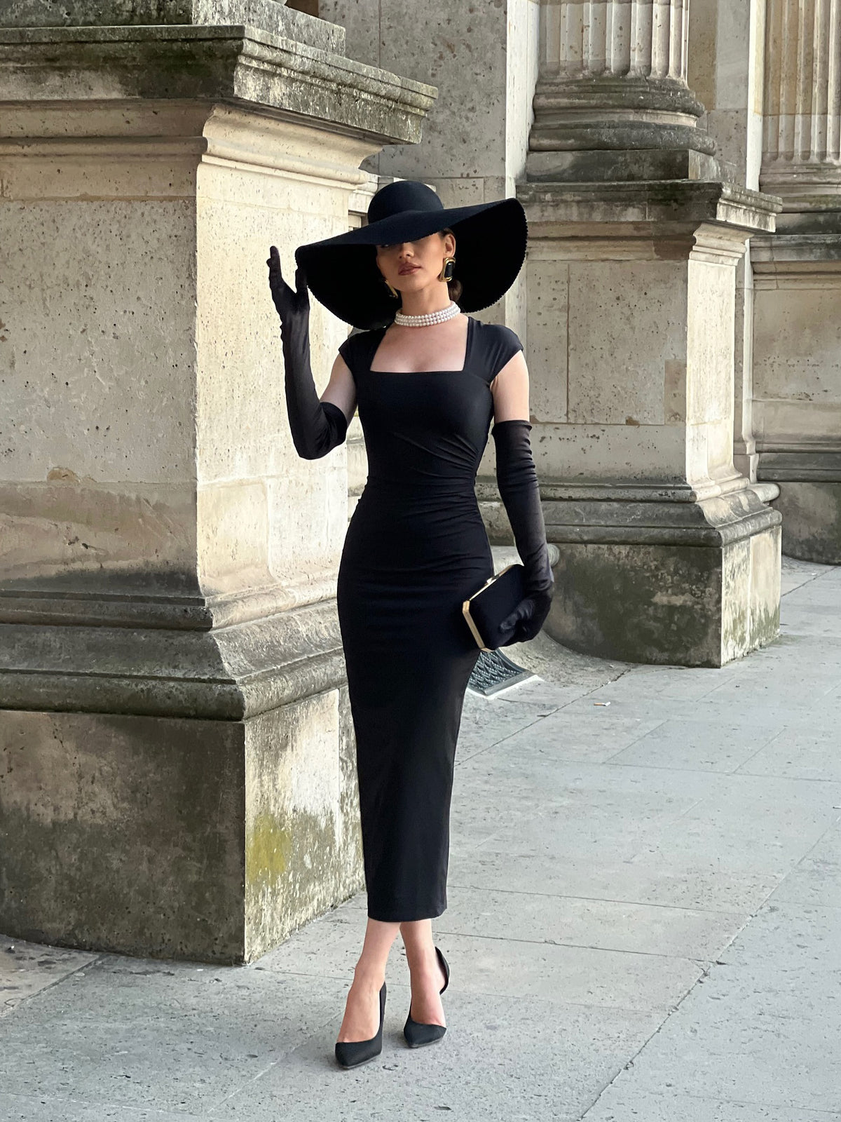 Square-Neck Dress & Gloves