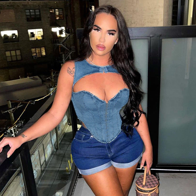 Denim-Look Cutout Corset Top