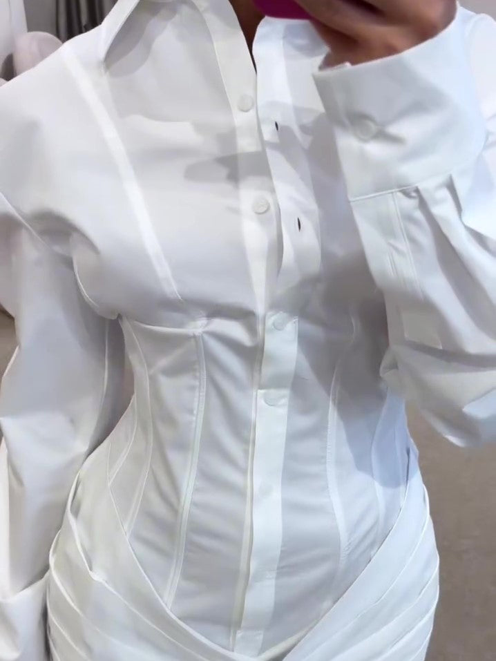 Pleated Long-Sleeve Shirt Dress