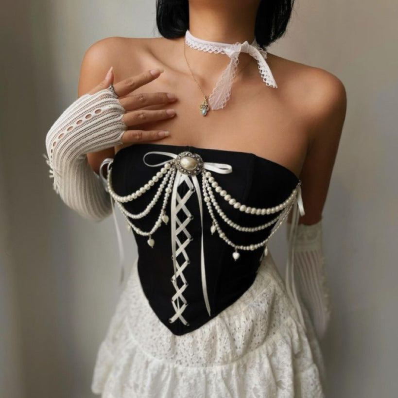 Chain-Embellished Velvet Corset Top