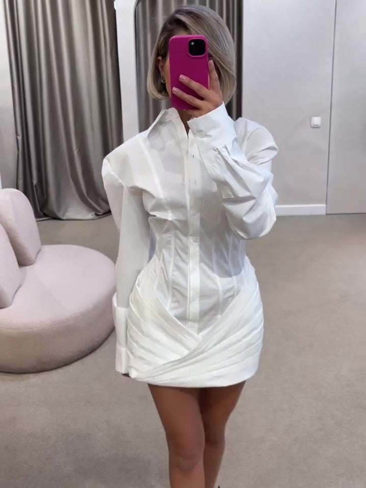 Pleated Long-Sleeve Shirt Dress