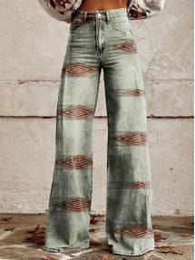 Printed Denim-Look Wide-Leg Pants