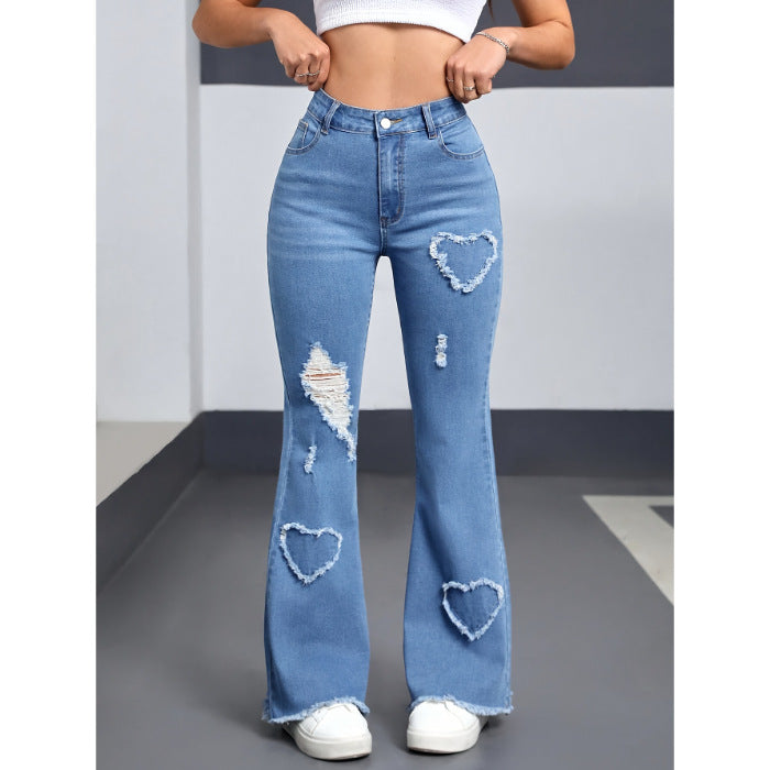 Heart-Distressed Flared Jeans