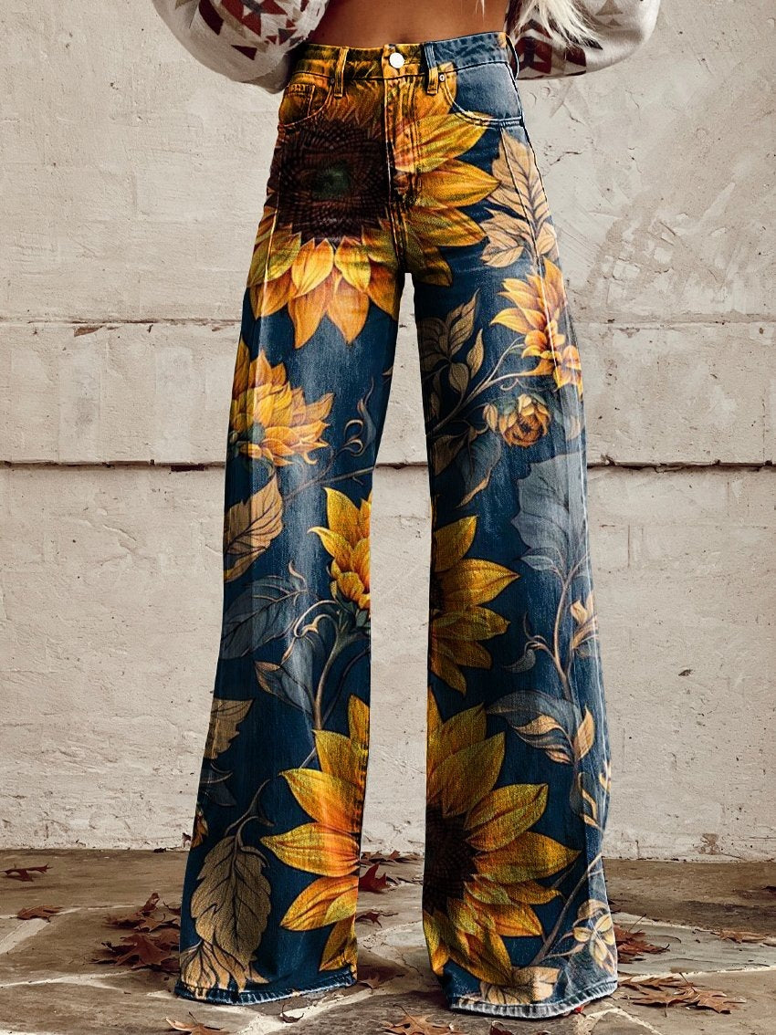 Printed Denim-Look Wide-Leg Pants