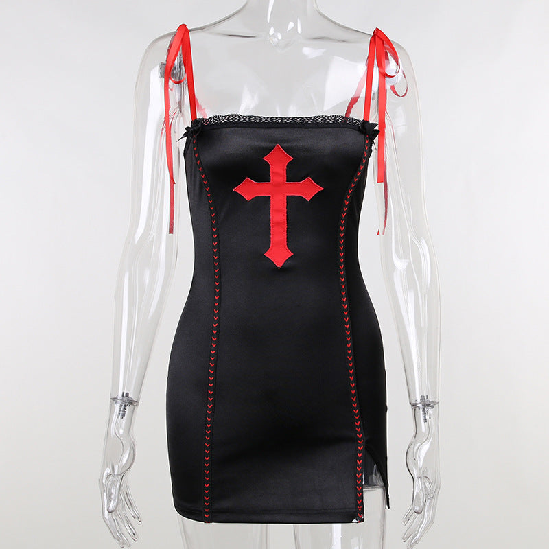 Cross-Print Lace-Trim Mini Dress