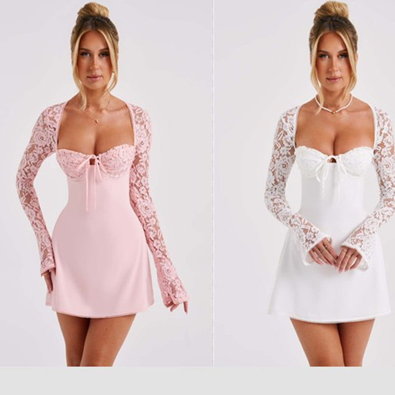 Lace-Up Back Lace Mini Dress