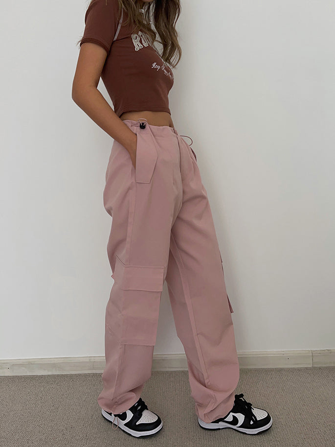 Wide-Leg Drawstring Cargo Pants